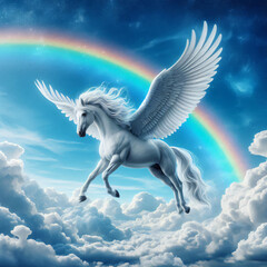Pegasus flying in the sky. The legendary creature in Greek mythology.
