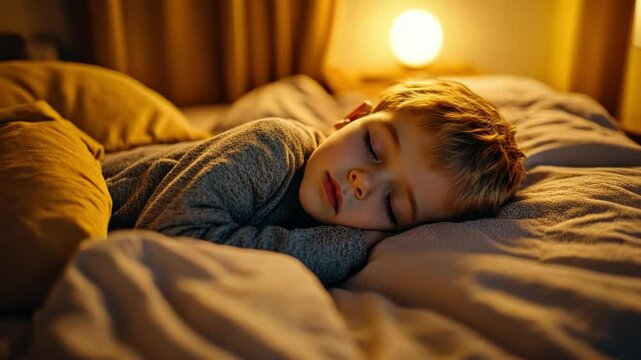 A young child peacefully sleeping in a cozy, softly lit bedroom.