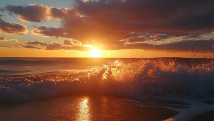 Naklejka premium Golden sunset waves crashing on beach