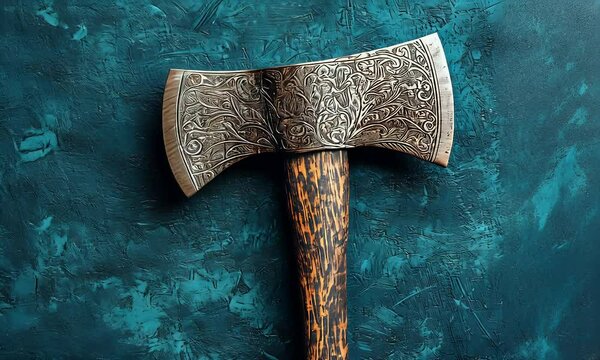 Ornate axe on textured teal background; overhead shot.  Use historical, fantasy, lumberjack themed projects