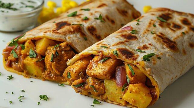 Caribbean roti wrap curried chicken and potatoes sliced diagonally to show filling isolated on white