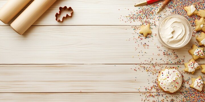 Wooden background with cookie cutters, rolling pins, star-shaped cookies decorated with icing and sprinkles, and a bowl of frosting; concept for baking blog, DIY sweets, Christmas, Valentine's Day - Powered by Adobe