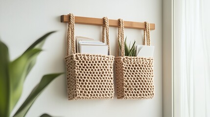 Two beige macrame wall baskets holding papers and a succulent plant on a white wall, concept for home decor, DIY and handmade storage solutions