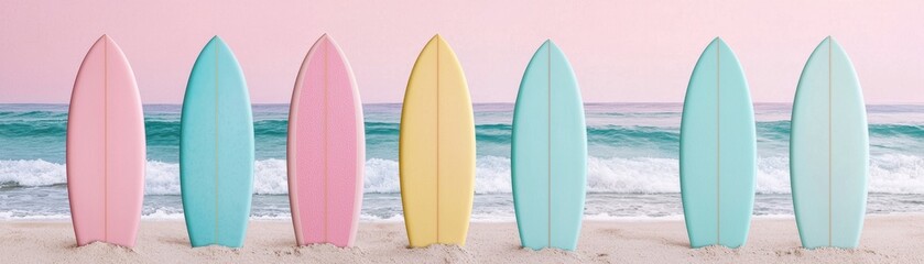 Colorful surfboards lined up on the beach with gentle waves in the background.