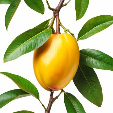 Ripe Yellow Lucuma Fruit on Branch with Lush Green Leaves