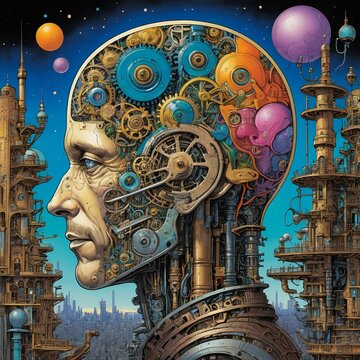 Steampunk Man and Futuristic Cityscape