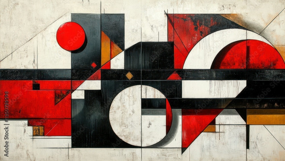 Poster geometric composition with primary colors contrasting shapes and textures creating a dynamic modern 