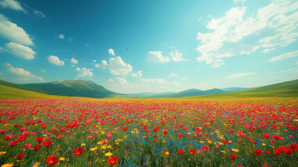 Obraz premium A vibrant field of red and yellow flowers with blue and white wildflowers in the foreground under a clear blue sky with scattered clouds.
