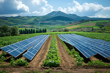 Solar panels in a field, green hills and wind turbines in background. Sustainable energy concept