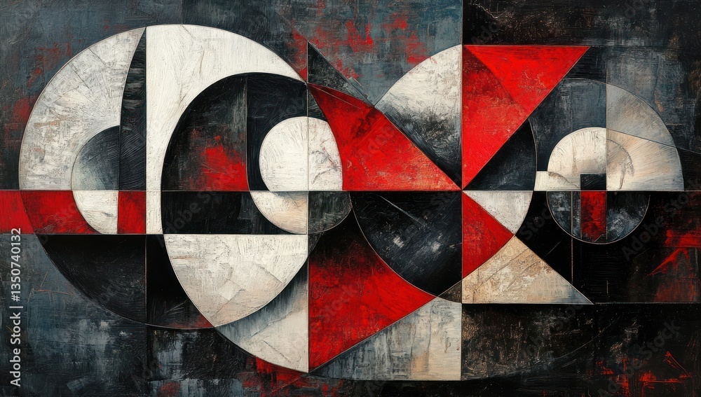 Poster geometric abstraction in black white and scarlet hues displaying dynamic circular and triangular int