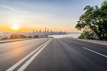Fototapeta premium Sunset Road Leading to a Vibrant City Skyline