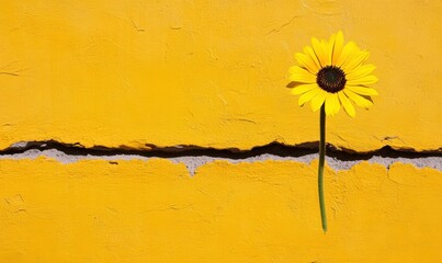 Bright yellow flower growing through a crack in a vibrant yellow wall symbolizing resilience and beauty against adversity in urban settings
