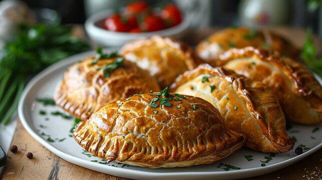 Chilean empanadas de pino visible baked crimping arranged neatly on a white plate