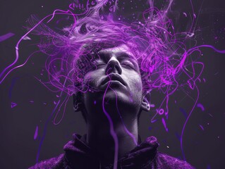 Man with purple hair and purple hair spray is shown with his head in the air