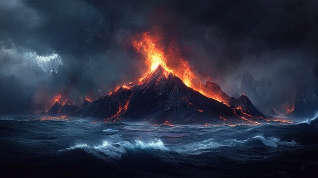 Volcanic eruption, stormy sea, island, dramatic sky