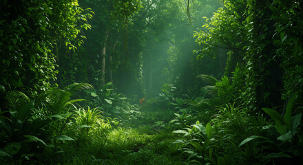 Obraz premium Green rainforest light filters through water-streaked leaves