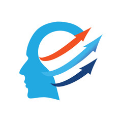 The image shows a flat logo design of a human head with lightbulb shape and three swooping arrows. The logo looks clean on a white background and can be used for psychology related purposes.