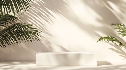 Minimalist Tropical Scene with Palm Shadows and White Pedestal


