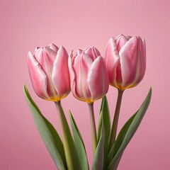 Fototapeta premium Three Pink Tulips on Pink Background
