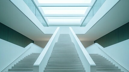 Fototapeta premium Modern building interior with two symmetrical staircases leading upwards to a bright skylight.
