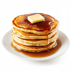 Fluffy pancakes with syrup and butter on white plate