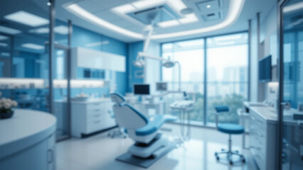 bright and spacious dental clinic with a clean, modern design, softly blurred to create a professional and inviting atmosphere. The perfect background for a cutting-edge dental office.