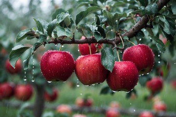 Obraz premium Red Apples on Branch with Raindrops in Orchard Wet Season