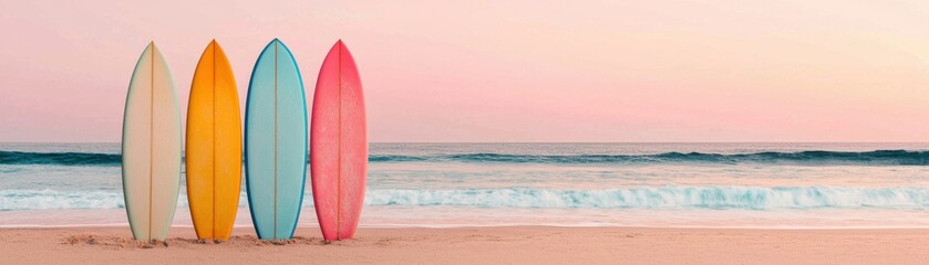 Colorful surfboards stand on a sandy beach at sunset, symbolizing summer adventures.