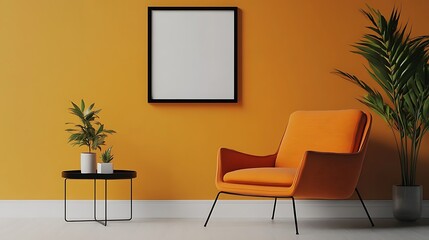 Modern interior with yellow accent chair, blank picture frame, white sideboard, and golden decor elements

