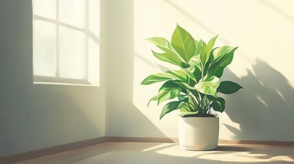 Sunlight streams into room with potted plant, casting shadows on wall
