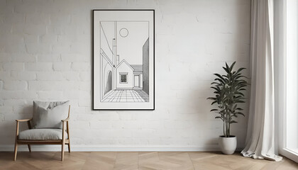 Light and spacious modern interior design featuring a minimalist style with geometric artwork, sleek furniture, and indoor greenery, evoking simplicity and sophistication in a serene living space.