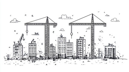 Obraz premium City Construction Sketch, Cranes, Buildings, Progress, Hand Drawn, Urban Development, Background, Graphic, Illustration