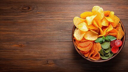 Fototapeta premium A rustic wooden bowl overflows with a colorful appetizer of crispy, crunchy vegetable chips, a perfect healthy snack.