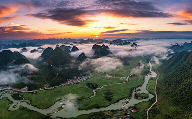 Sunrise in Ngoc Con rice valley in Cao Bang Vietnam
