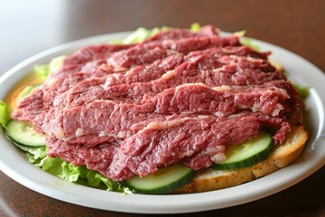 Fototapeta premium Delicious Thinly Sliced Rare Beef Sandwich with Cucumber and Lettuce
