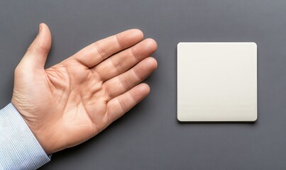 Outstretched Hand Reaching for Blank Square Surface on Gray Background for Creative Presentation, Mockup, or Design Projects, Minimalist Visual Concept