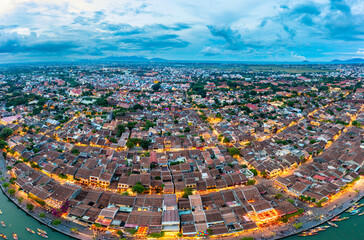 Aerial drone view of Hoi An city, Vietnam. Ancient town, UNESCO world heritage, at Quang Nam province.