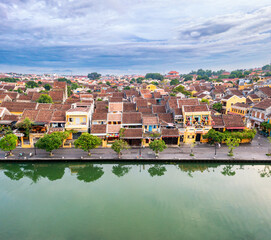 Aerial drone view of Hoi An city, Vietnam. Ancient town, UNESCO world heritage, at Quang Nam province.