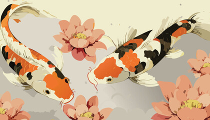 Colorful koi fish with lotus flowers in elegant flat vector Asian art style. Two koi fish swimming gracefully among pink lotus flowers in calm water. Traditional Japanese koi fish and floral