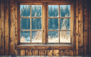 Fototapeta premium Rustic Wooden Window with Winter Forest View