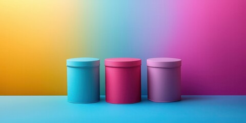 Vibrant blue objects fill colorful containers and cylinders, showcasing bright hues and vivid shades.