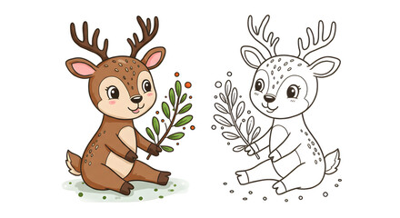 Naklejka premium Cute deer illustration for children's coloring book page with a forest theme