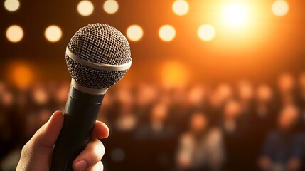 Close-Up of Microphone on Stage with Blurred Audience and Warm Lighting

