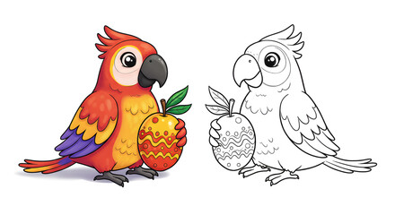 Fototapeta premium Whimsical parrot cartoon illustration with an apple on the white background