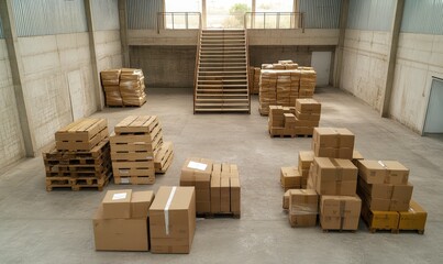 Empty Warehouse Interior with Stacked Cardboard Boxes on Pallets and Stairs Leading to a Brightly Lit Window in the Background