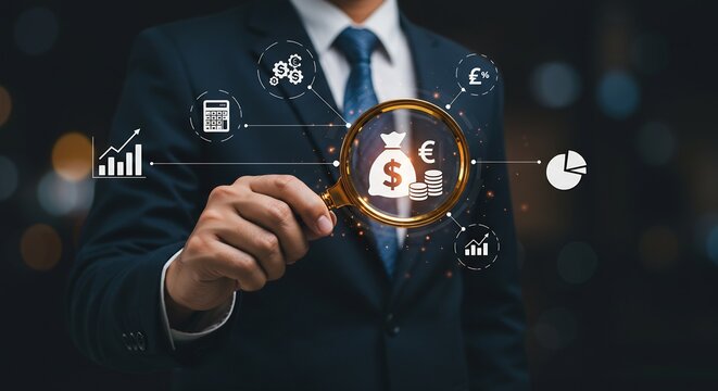 Businessman Analyzing Financial Growth and Investment Strategies with Magnifying Glass, Showing Money Bag, Coins, Charts, Calculator, and Currency Symbols on a Futuristic Interface
