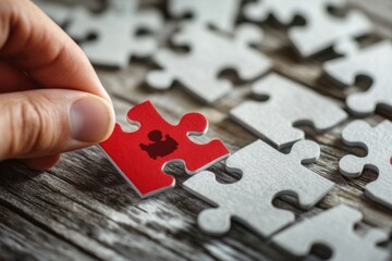 Hand placing a red puzzle piece with a person icon into a larger puzzle.