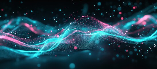 Fototapeta premium A stream of glowing digital particles in shades of cyan and electric pink, swirling in an organic, flowing pattern against a black background with subtle blue accents