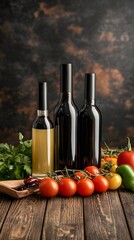 Three Bottles Olive Oil Vinegar Dark Wine Tomatoes Wooden Table Still Life