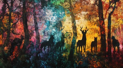 Silhouettes of deer in a forest scene